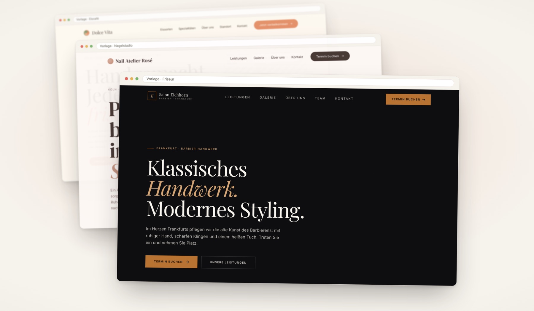 Drei gestaffelte Browserfenster mit Entwürfen für ein Eiscafé, ein Nagelstudio und einen Friseur aus der Vorlagen-Bibliothek von Wilkens & Koch