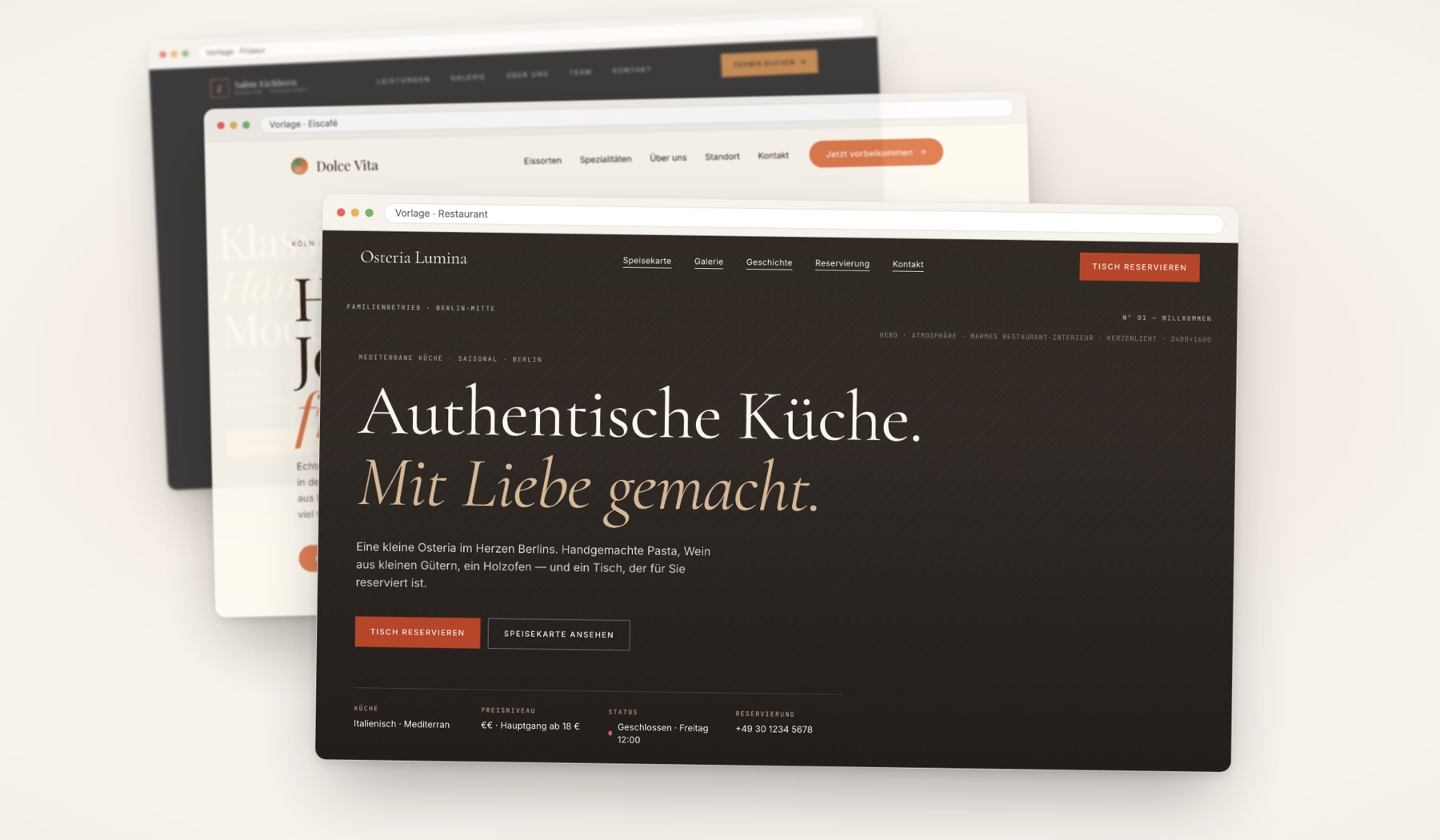 Drei gestaffelte Browserfenster mit Entwürfen für Restaurant, Eiscafé und Friseur aus der Vorlagen-Bibliothek von Wilkens & Koch