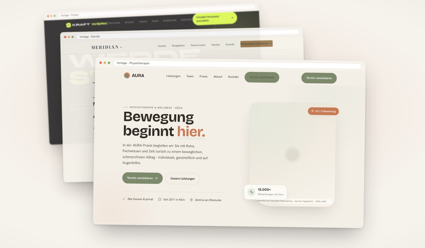 Drei gestaffelte Browserfenster mit Entwürfen für ein Fitnessstudio, eine Kanzlei und eine Physiotherapie aus der Vorlagen-Bibliothek von Wilkens & Koch
