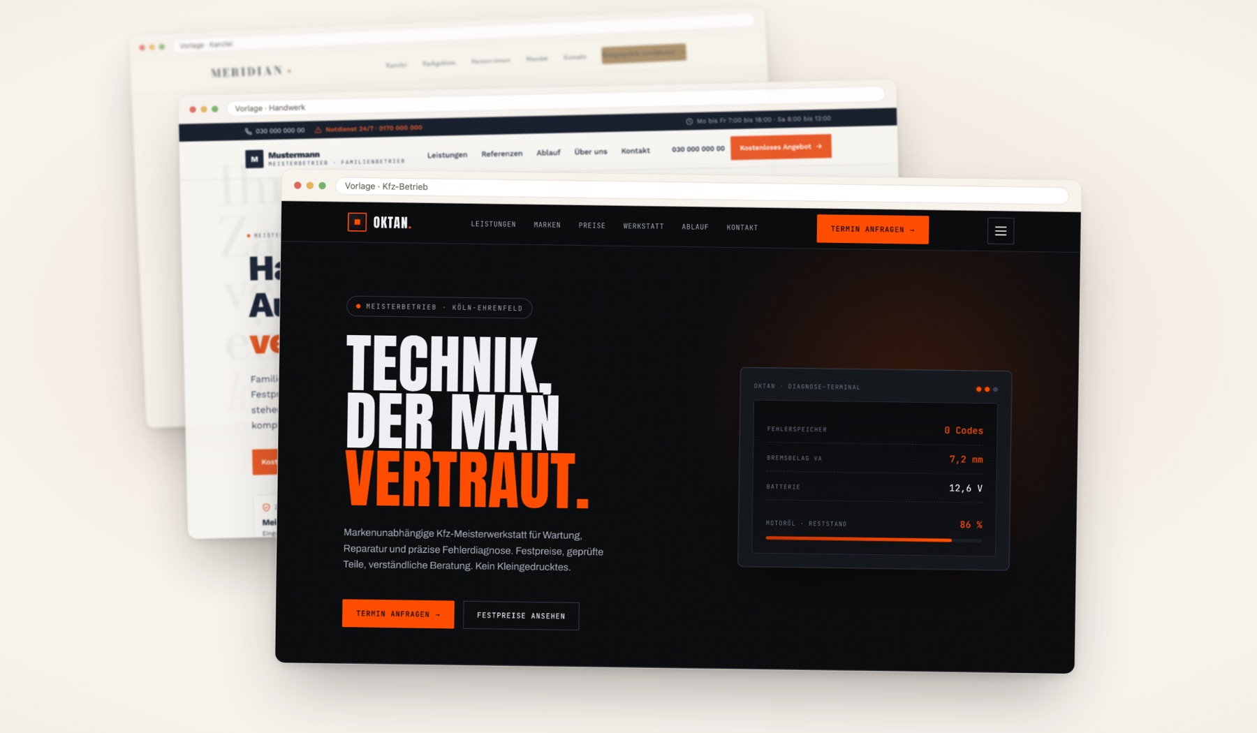 Drei gestaffelte Browserfenster mit Entwürfen für eine Kanzlei, einen Handwerksbetrieb und einen Kfz-Betrieb aus der Vorlagen-Bibliothek von Wilkens & Koch